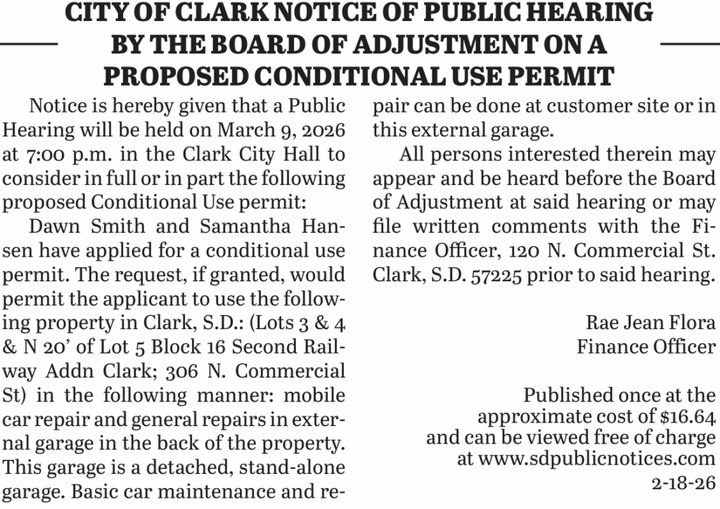 2.18.26 City of Clark Notice of Public Hearing By the Board of ...